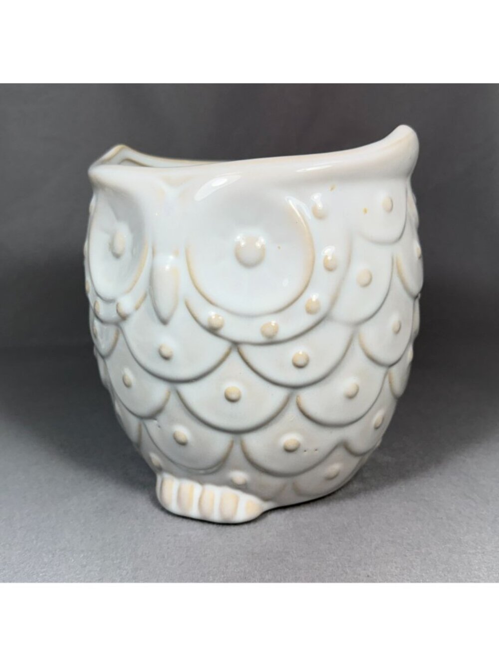 White Ceramic Owl Utensil Holder Crock Embossed Boho Farmhouse Kitchen Decor - Picture 3 of 16